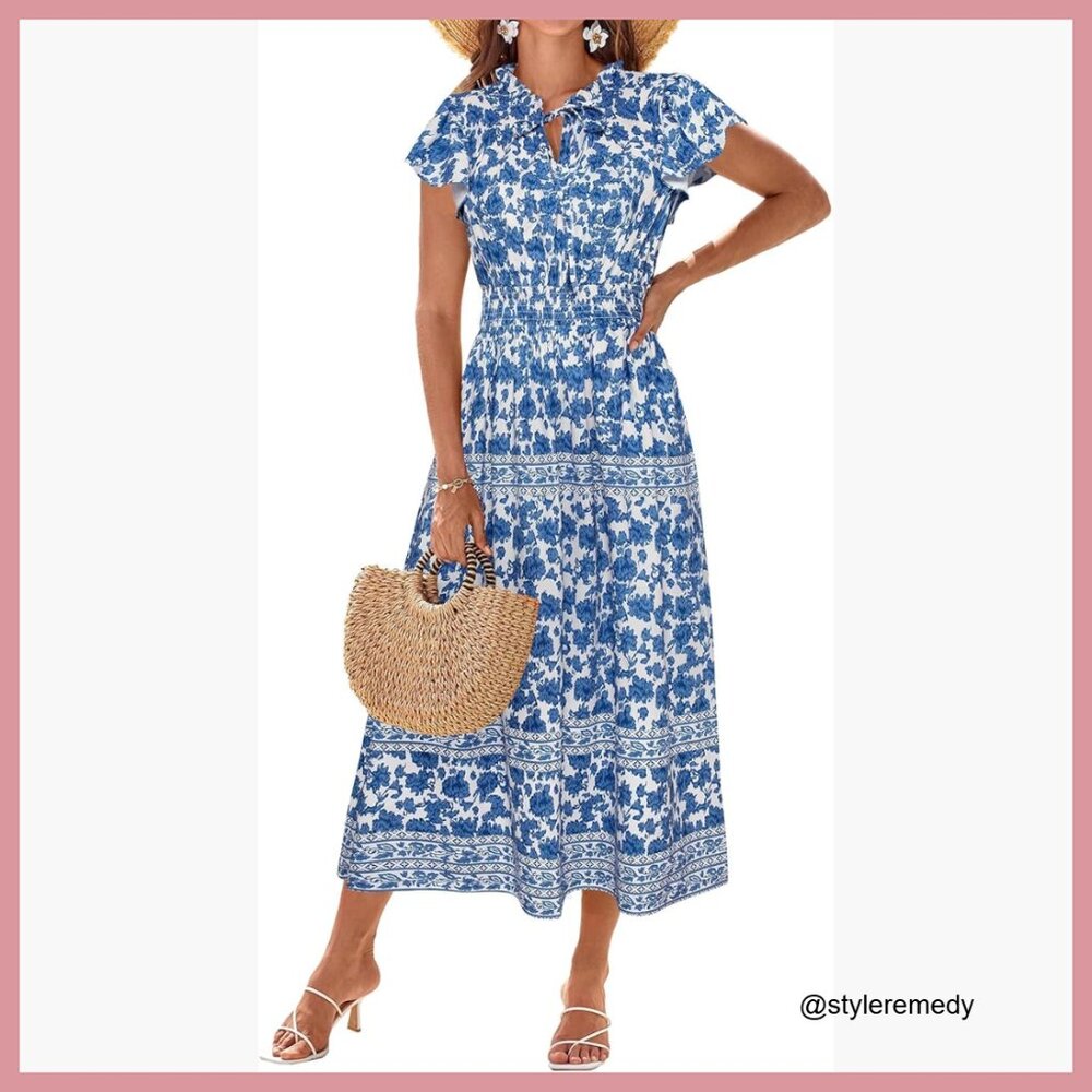 Floral Boho Maxi Dress with V-Neck and Pockets for Summer Beach Wedding
